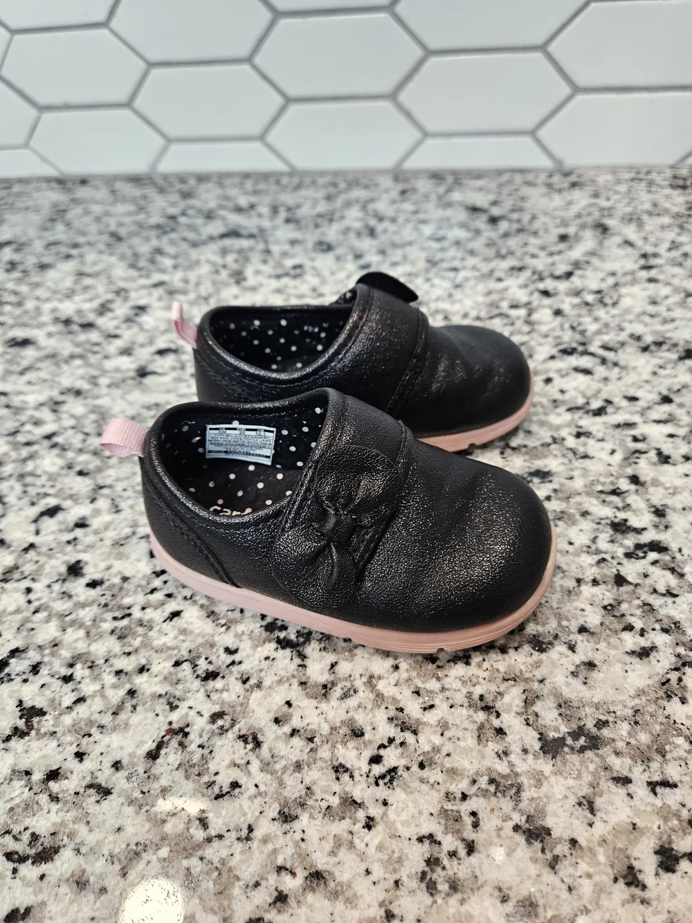 Carter's Black Baby Shoes with Pink Sole and Bow Size 5